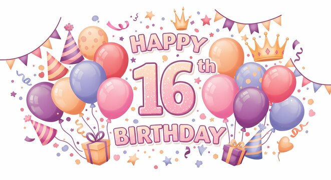 Colorful Happy 16th Birthday Celebration with Balloons Banners and Gifts