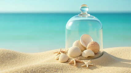 Seashells Under Glass Dome on Tropical Beach