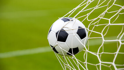 Soccer Ball in Net: Goal!  Triumphant Victory, Close-Up, Green Field Background.