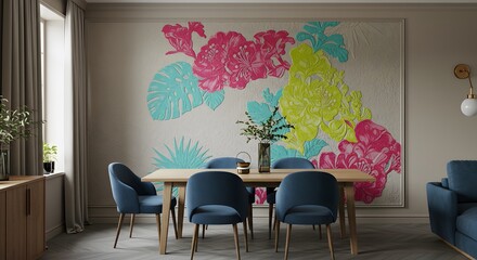 Modern Dining Room with Bold Floral Wall Art and Blue Velvet Chairs