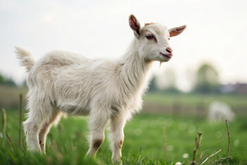 Obraz premium Young white baby goat standing on green pasture field in daylight