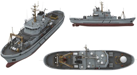 Detailed 3D Render of Research Vessel, Multiple Perspectives, Isolated on White.