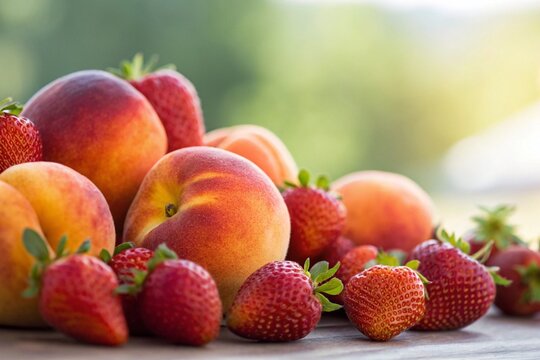 Ripe peaches and strawberries on rustic wooden table outdoors

