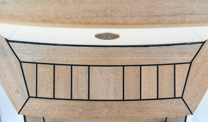 Teak wood deck texture background. Wooden deck on super yacht. Yachting concept. 