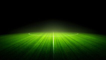 Night Soccer Field: Dramatic Low-Angle View of Luminous Green Grass and Center Circle.