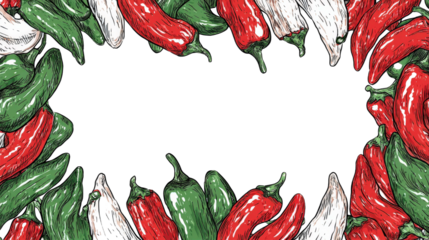 Vibrant Chili Peppers Frame with Various Varieties in Red, Green, and White Colors Perfect for Food Themes and Culinary Backgrounds