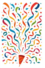 Colorful confetti and ribbon explosion from a party popper, ideal for festive invitations, celebrations, or vibrant designs.