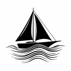 Sailing boat silhouette on waves vector image isolated on white background.