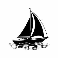Sailing boat silhouette on waves vector image isolated on white background.