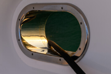 Bollard (cleat) with mooring line on superyacht. Mooring gear on yacht. Superyacht equipment. 