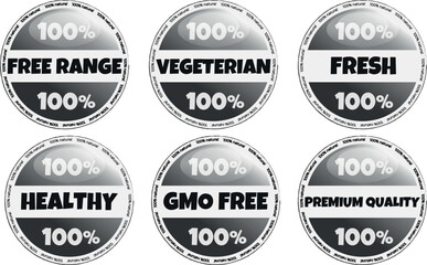 GMO free, vegeterian, free range, healthy, premium quality and natural products sticker, label, badge for packaging