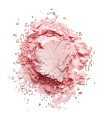 Crushed blush and face powders in pink and beige colors scattered on clean white background. Cosmetic beauty texture for skincare, makeup, fashion and product design concepts.