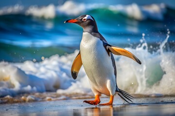 Fototapeta premium Describe the scene of a confident Gentoo Penguin walking along a sandy beach with waves crashing in the background.