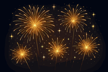 Dazzling Gold Fireworks and Sparkling Light Bursts Illuminating Night Sky Celebration Vector Cartoon Illustration for New Year, Festive Events, Party, Holiday Fireworks Display