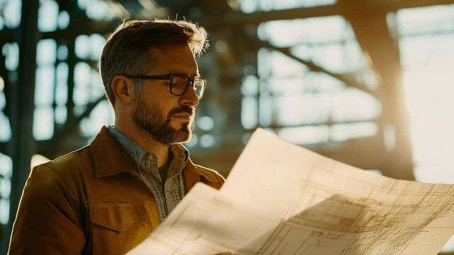 Architect reviewing blueprints in a sunlit industrial setting, wearing glasses and a jacket, focused and professional