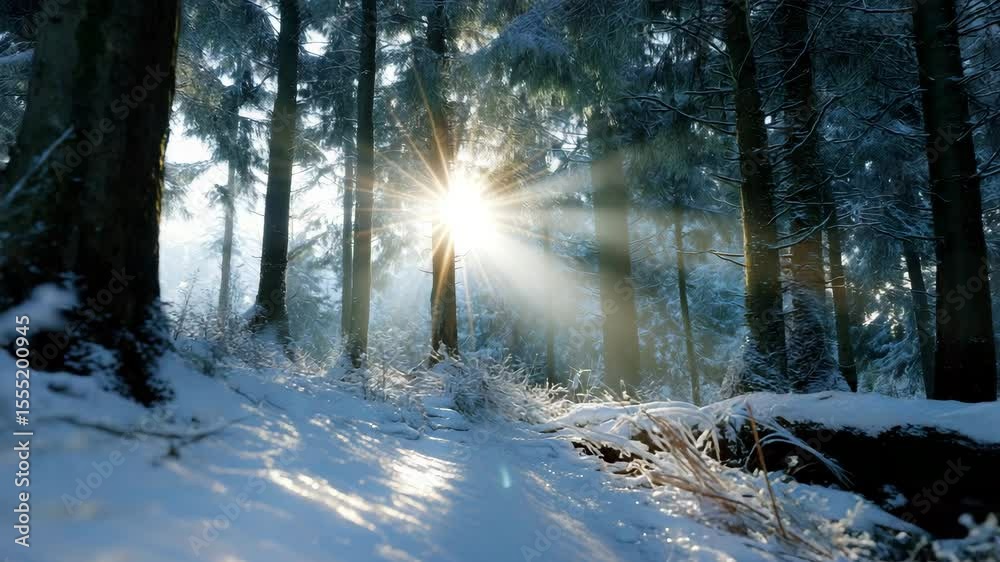 Poster sun rays break through the snowy forest, creating a magical atmosphere of a winter morning. ideal fo