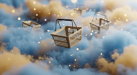 Surreal floating shopping baskets in an abstract cloudscape with shimmering particles