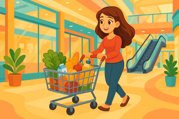 Happy woman pushing a shopping cart full of groceries in a modern supermarket. Female customer buying food at the grocery store. Vector cartoon illustration for retail and sales concept.