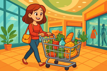 Happy female shopper pushing a loaded shopping cart full of groceries in vibrant modern mall interior, cartoon vector illustration, consumer lifestyle, retail, food shopping