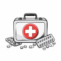 First Aid Box with Medical Drugs and Pills Image Vector isolated on white background.