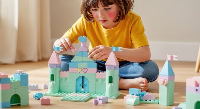 Young caucasian child playing with colorful building blocks in room
