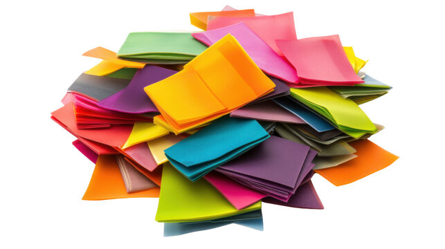 Assorted colorful sticky notes piled together on white background