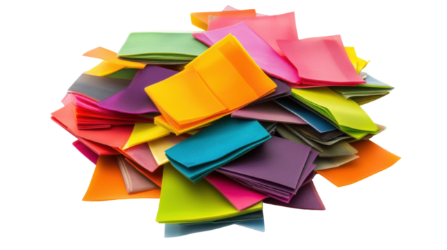 Assorted colorful sticky notes piled together on white background