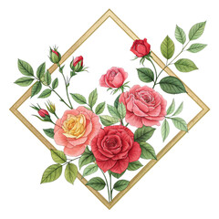 Watercolor Rose Bouquet in Gold Frame, Isolated on Transparent Background, Floral Illustration, Botanical Art, Roses, Watercolor, Floral Arrangement