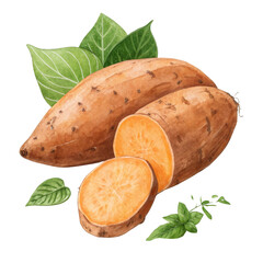 Watercolor Sweet Potatoes with Leaves, Isolated on Transparent Background, illustration, food, clipart, Sweet potato, watercolor, illustration