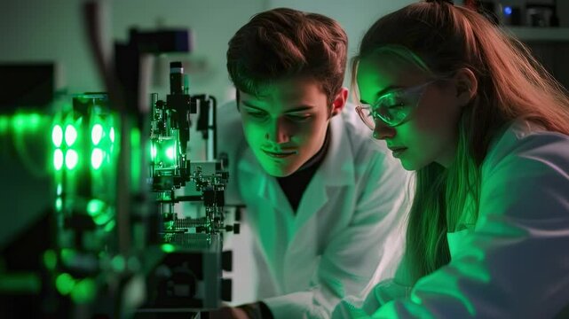 Two scientists in lab coats conduct experiment with green laser and scientific equipment in a research laboratory setting.