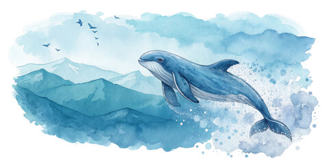 Watercolor Whale Leaping Mountains, Isolated on Transparent Background, Aquatic Animal Illustration, Whale, Watercolor, Ocean