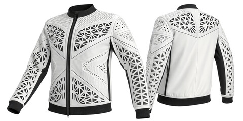 White Laser Cut Jacket, Front and Back View, Isolated on Transparent Background, Geometric, Apparel, Fashion