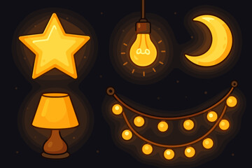 Glowing Decorative Elements Set—Star, Moon, Lamp, Hanging Bulb, String Lights—Warm Ambient Lighting Cartoon Vector on Dark Background for Cozy Interior, Festive, Night, Bedroom, Nursery Design