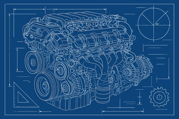 Detailed blueprint vector illustration of modern automotive engine with technical mechanical parts, engineering design, schematic drawing, precision machinery, industrial motor components
