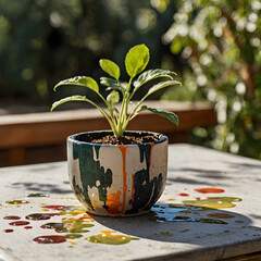 Painterly Scene of a Small Plant in Paint-Splattered Pot on Artistic Table 