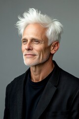 Modish men's side part haircut - midlife white man with white hair. Creative design idea of style for aging men. A relaxed and poised man showing grace. Pure white solid background.