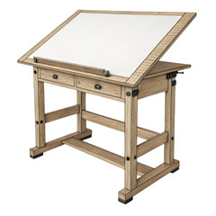 Wooden Drafting Table, Two Drawers, Tilting Top, Isolated on Transparent Background, Architectural Design, Illustration, Furniture