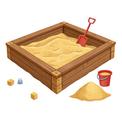 Wooden Sandbox with Sand Toys, Isolated on Transparent Background, Illustration, Cartoon, Sandbox, Play, Children