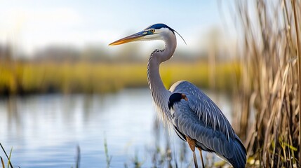 Heron by a tranquil marsh