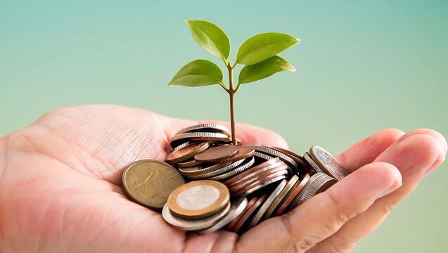 A hand holding a pile of coins with a small green plant growing from the top symbolizing financial growth and investment