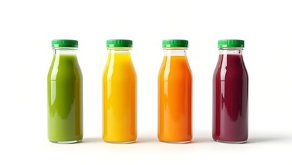 Assorted bottles of isolated beverages and juice, against a white background with fresh fruit