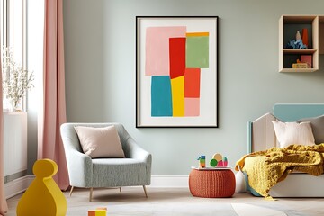 A stylish children's room showcases an abstract framed art print with soft colors, a comfortable chair, and playful decor elements.