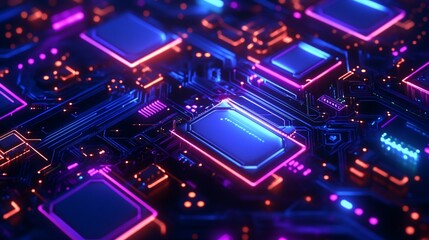 Fototapeta premium High-tech circuit board with neon glow. Complex intricate electronic components
