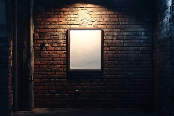 Illuminated empty frame hangs on a brick wall in a shadowy space, creating a captivating urban scene.