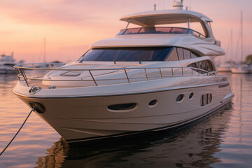 Luxury Motor Yacht Moored at Serene Marina During Pink Sunset