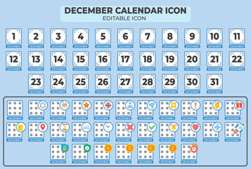 Editable December Calendar Icon Set with Customizable Events and Date Markers