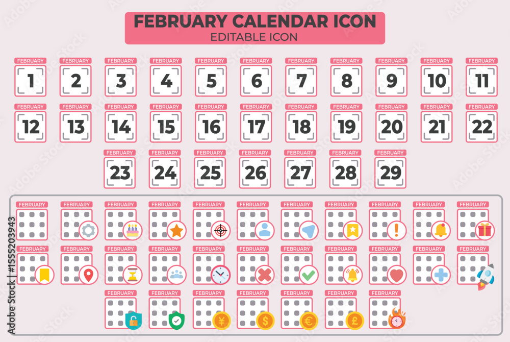 Poster editable february calendar icon set with dates and task reminders vector