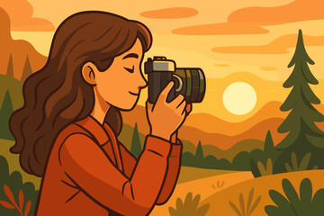 Woman Photographer Taking Pictures of Scenic Sunset Landscape with Film Camera, Nature Adventure, Outdoor Exploration, Vector Cartoon Illustration, Artistic Wilderness Travel Concept