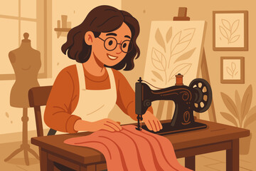 Seamstress sewing fabric on vintage sewing machine in cozy creative studio. Tailor working with textile, handmade craft, dressmaking process, retro workspace, artistic fashion illustration vector