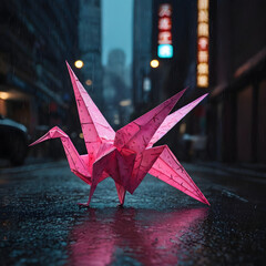 Origami Crane Glowing in Neon City Rain